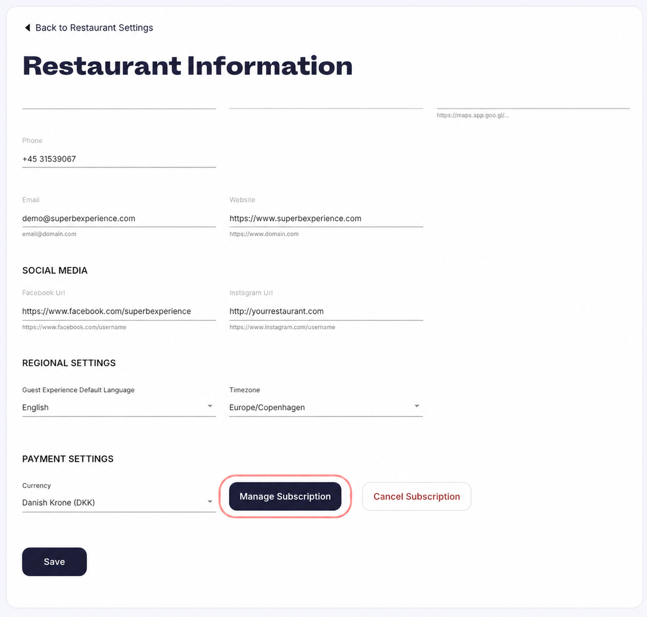 The Restaurant Information page in Partner with the Manage Subscription option at the bottom
