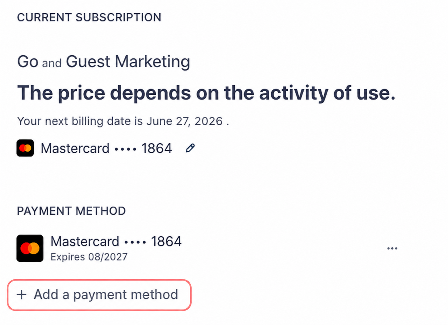 The Payment Methods section under Manage Subscription, showing the saved card and the option to add a new payment method