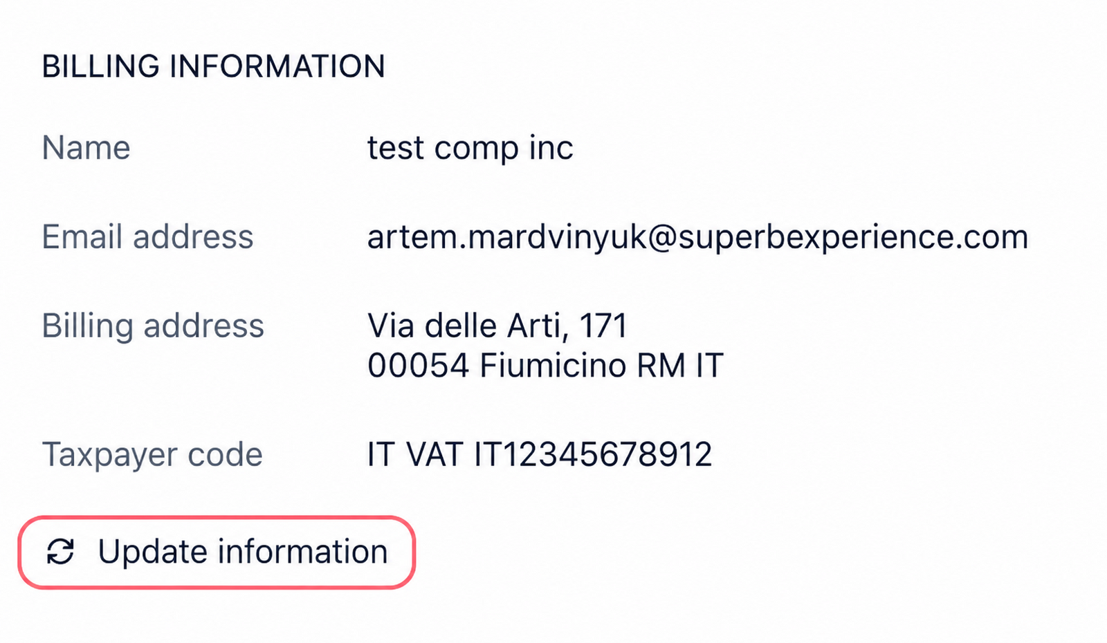 The Billing Information section under Manage Subscription, with company name, address, and CVR or VAT number fields
