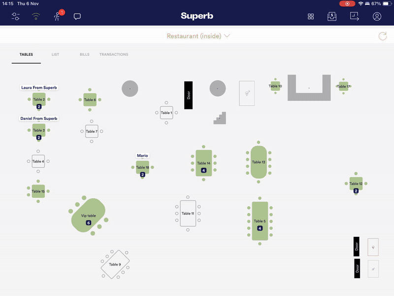 Animated walkthrough of changing the fiscal mapping in the Superb POS app, from Settings to Fiscal printers to Actions to Mapping