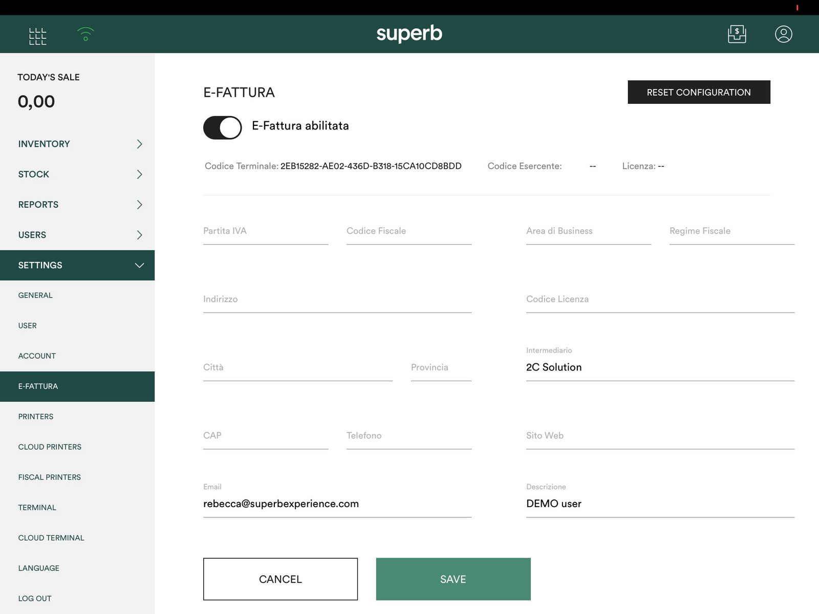 Superb POS Backoffice with the E-Fattura settings page and the e-Fattura enabled toggle