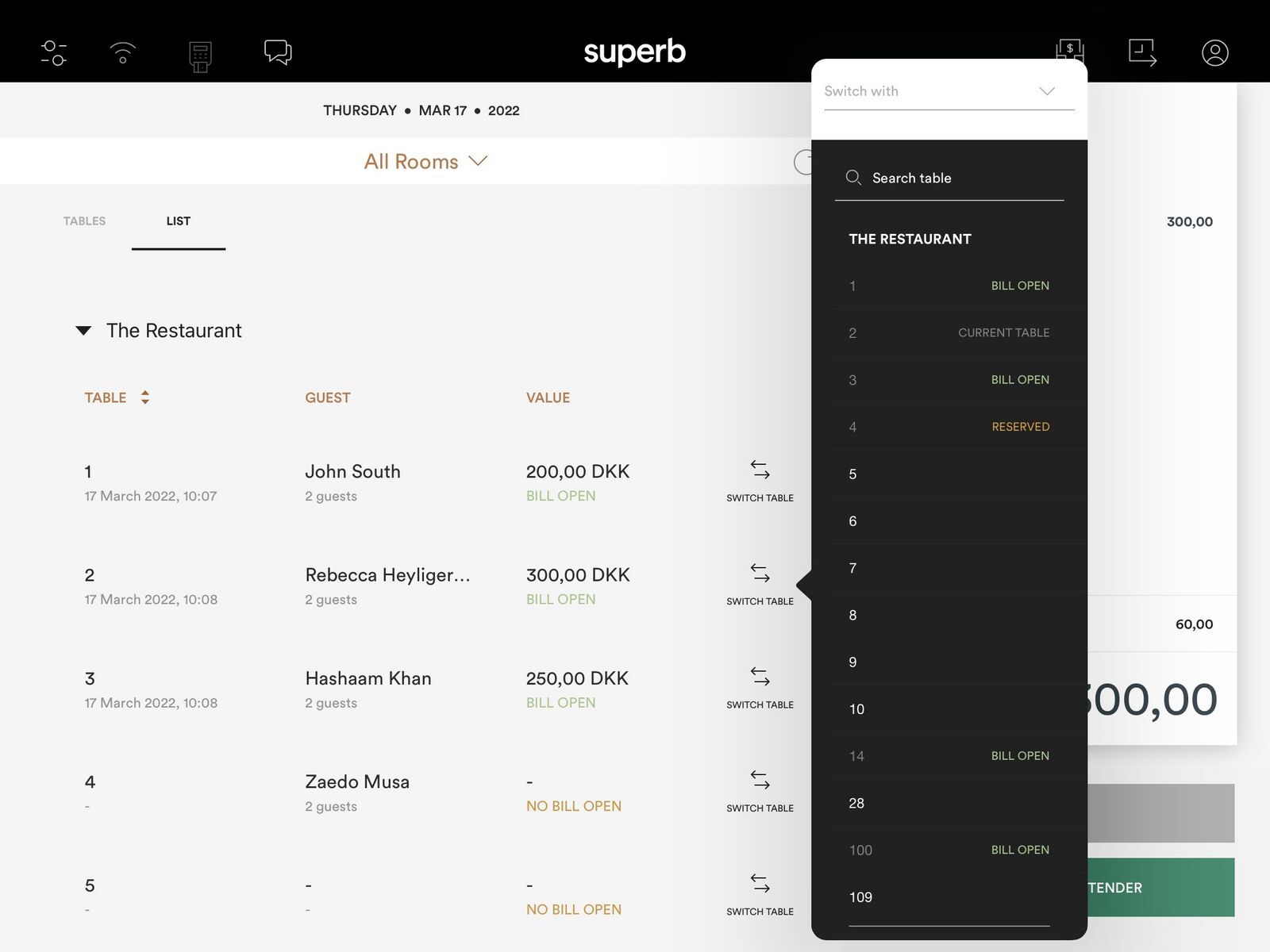 Moving an open bill from one table to another in the Superb POS app