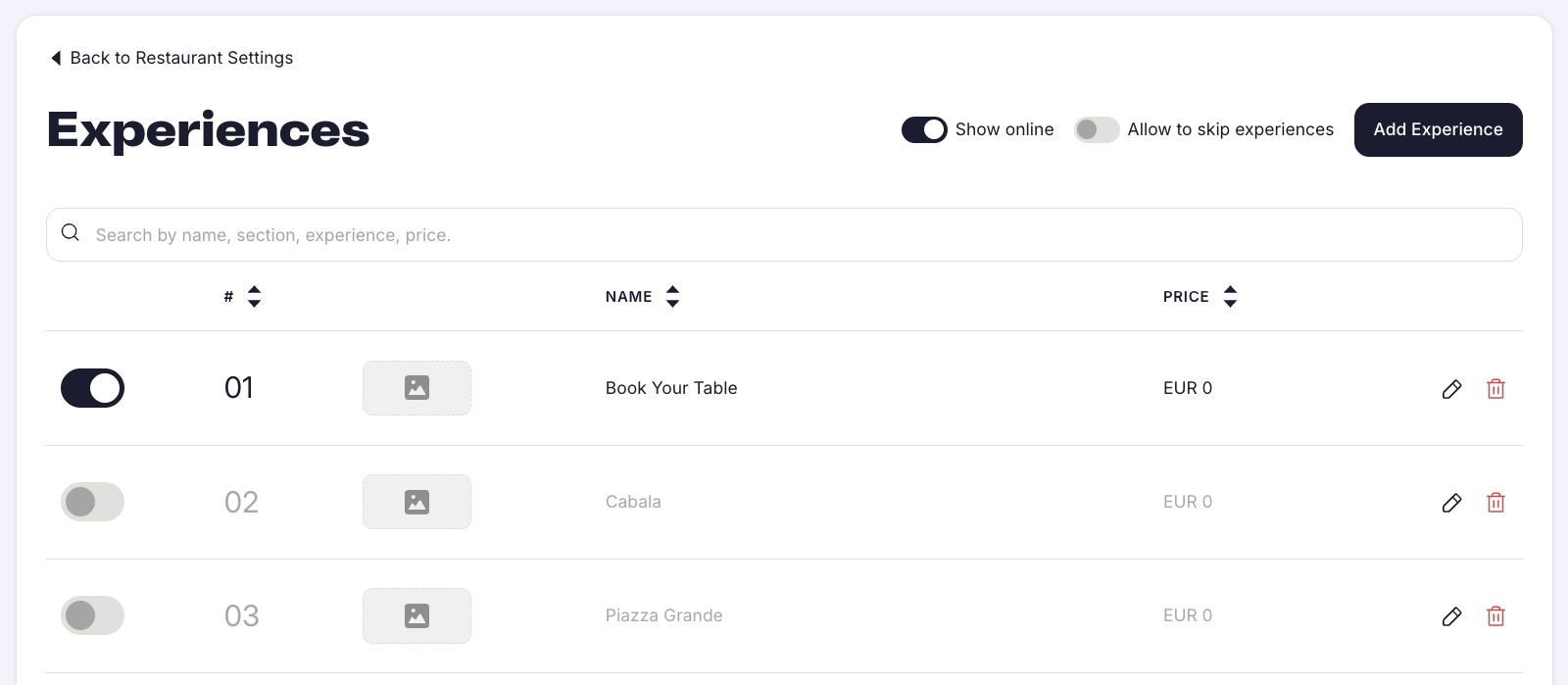 The Experiences list in Superb Partner where you select the experience to set a no-show fee for