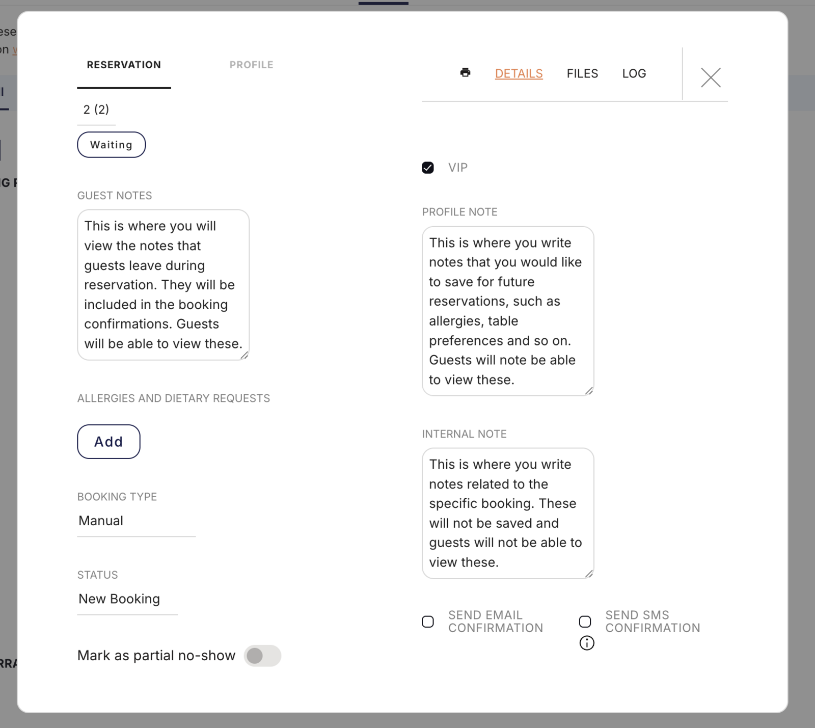 Reservation details tab in Superb showing Guest Notes, Profile Notes, and Internal Notes