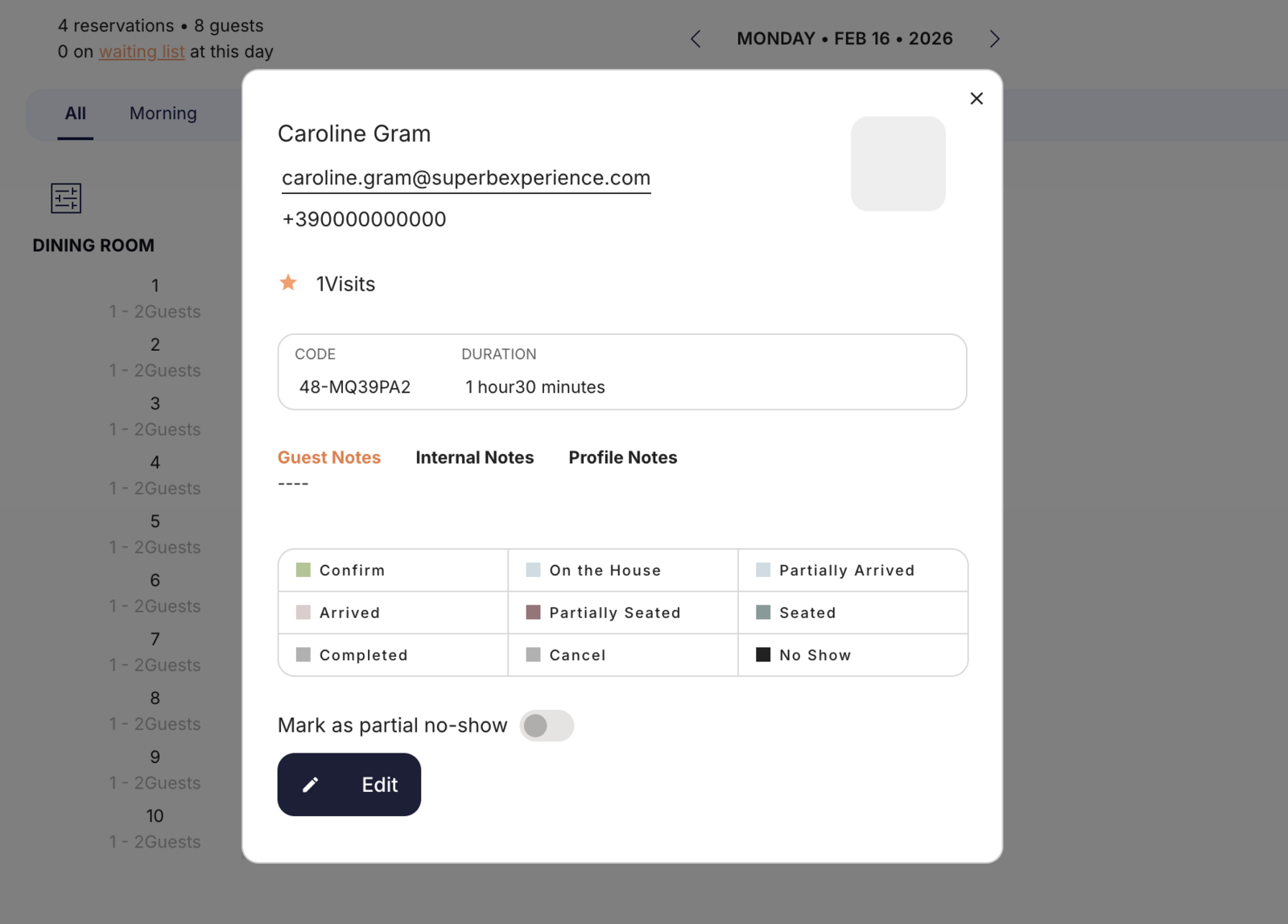 Reservation quick view in Superb showing the booking status options for a reservation