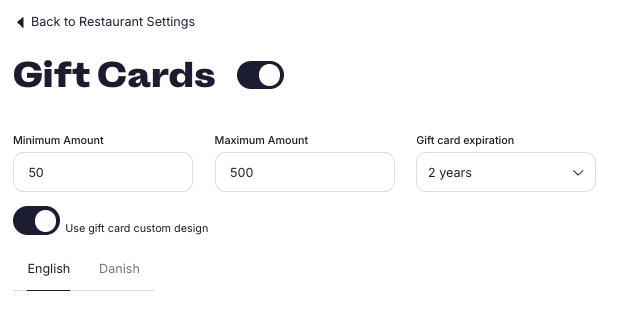 The Gift cards settings page in Partner with both the main gift card toggle and the Custom Design toggle switched on