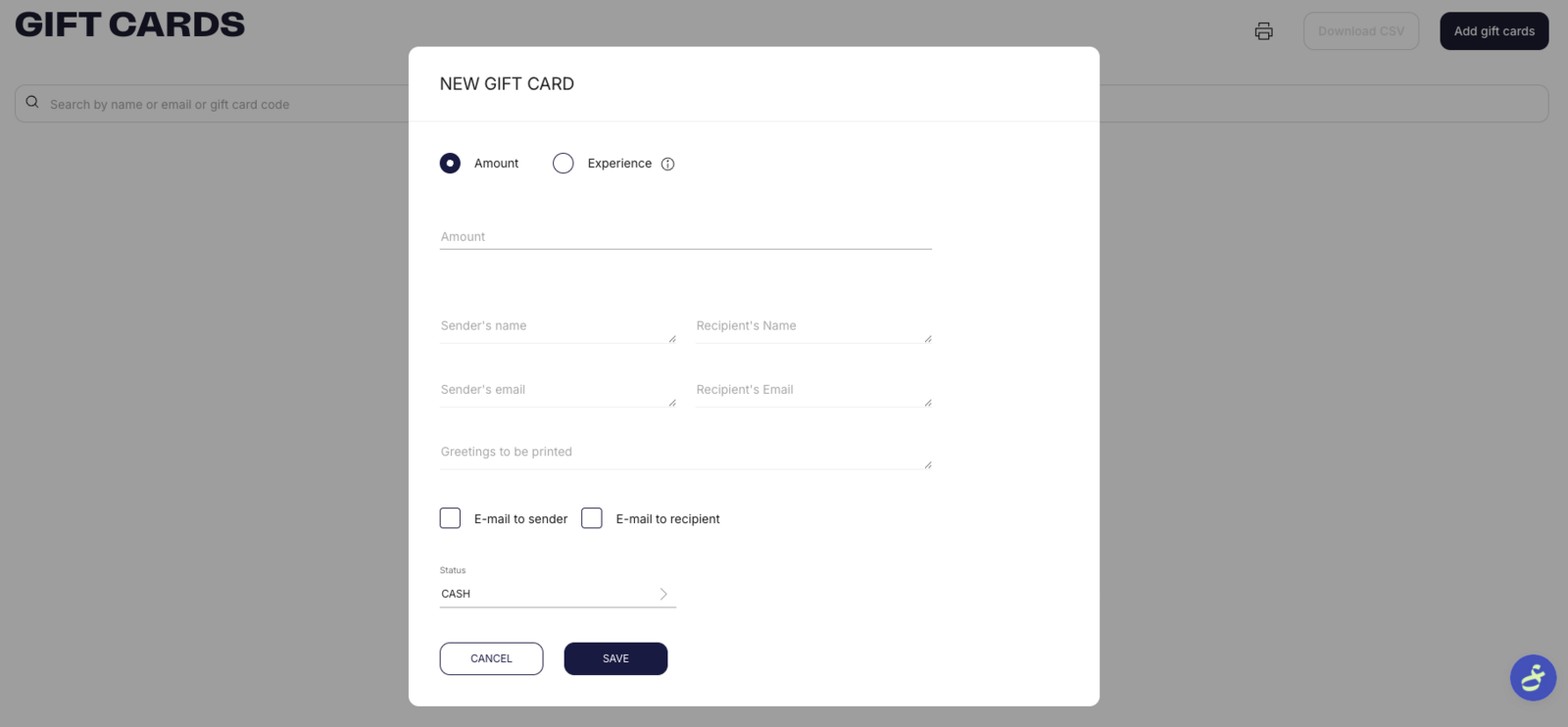 The Add gift card form in Partner showing gift card type, sender and recipient details, personal message, delivery method, language, and status fields